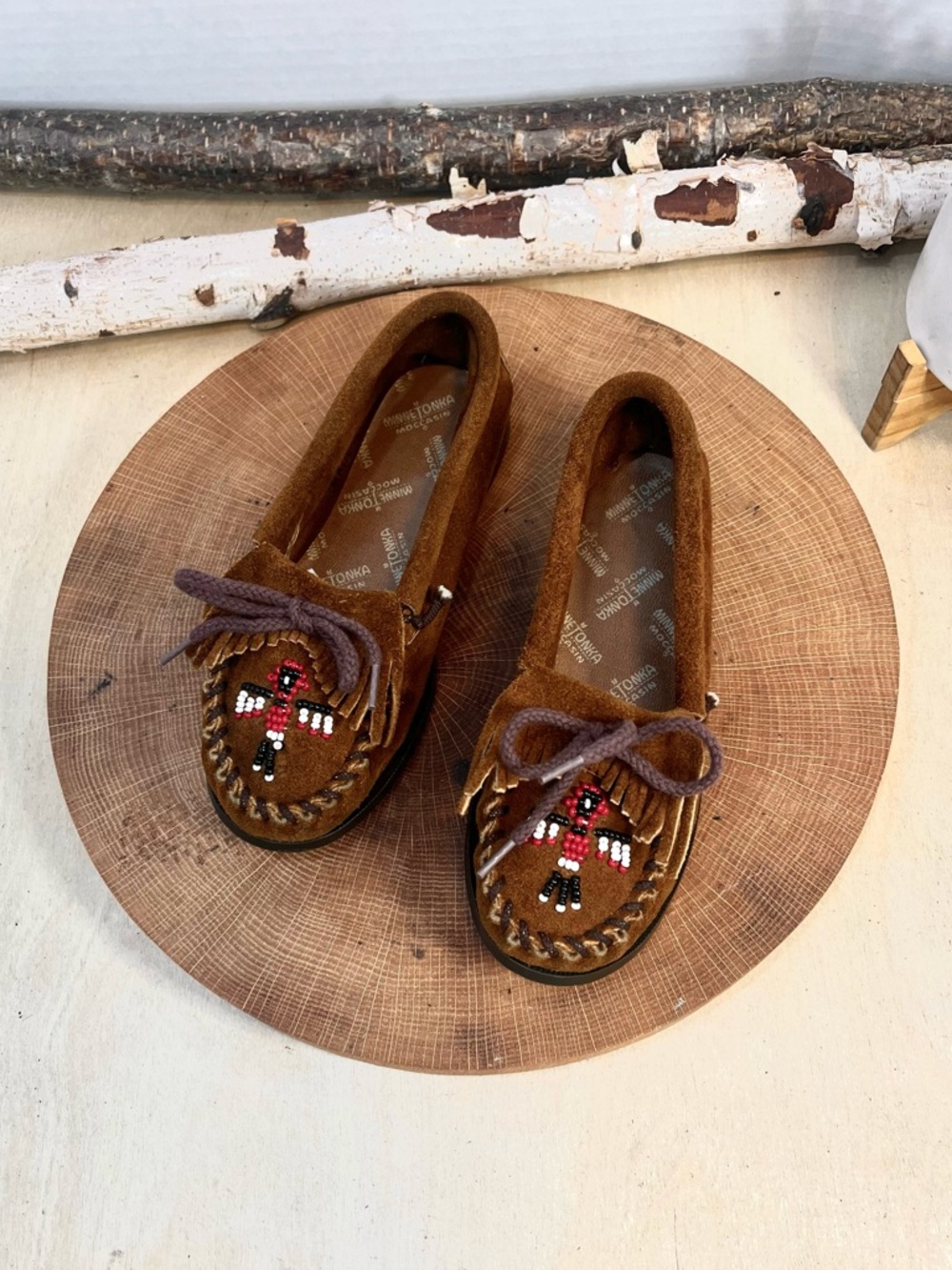 Minnetonka Thunderbird II Beaded Suede Moccasins Brown Size 13
